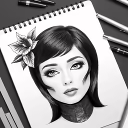 an art journal is open and has a drawing of a girl