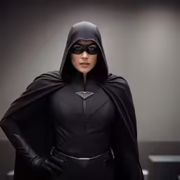 an attractive woman dressed in black with a cat mask