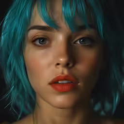 a woman with blue hair and orange lipstick