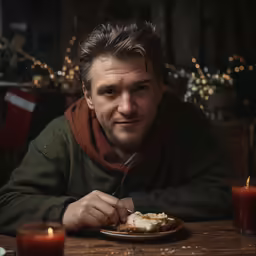 a man sitting at a table with food in front of him