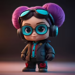 a tiny figurine wearing headphones and eye glasses