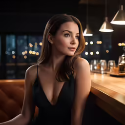 the woman is sitting at the bar posing for a portrait