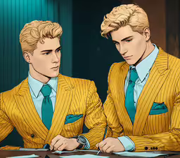 two young men in yellow and blue suits, each sitting at a desk,two men in suits with a yellow jacket, blue shirt and light blue tie