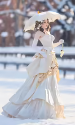 a woman dressed up in a gown is walking on snow covered ground