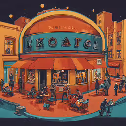 an illustration of a brightly lit movie theater,a painting showing people on a city street