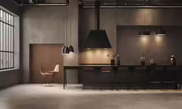 an interior with a table lamps lights and a counter