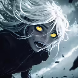 a woman with yellow eyes and a furry hair looks on