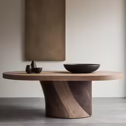 a wooden table sitting on top of a cement floor