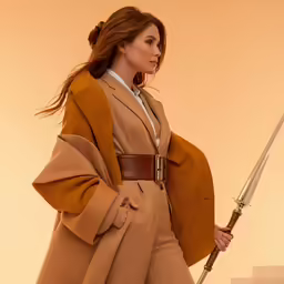 a woman holding a huge wooden sword while standing on top of steps