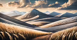 painting depicting grassy and mountain range in daytime