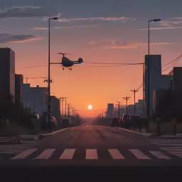 an airplane flying low over a street in the distance