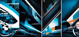 three different angles show the wheels of the car,three dimensional images with black, white, and blue design
