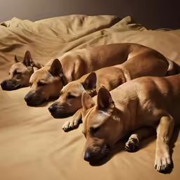 three dogs resting on a bed under a blanket