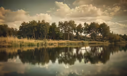 the lake is surrounded by lush green trees