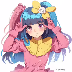 the anime girl with long blue hair is wearing a pink dress
