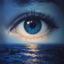 blue eye with dark eyeliner staring into the distance