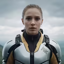 a female in a grey and gold dress with sci - fi outfit