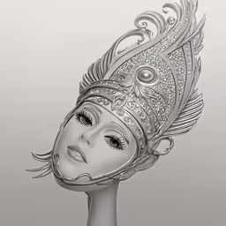 the image shows the head of a woman with feathers and beads