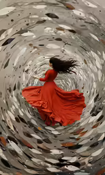 a woman with red flowing dress in a circle