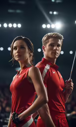 two athletes posing in red uniforms, with their batons raised