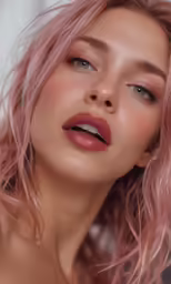 a woman with pink hair is looking up at the camera
