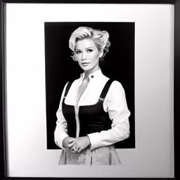 a woman with blonde hair wearing suspenders