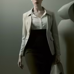 a woman in a skirt and jacket posing