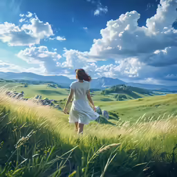 a girl is walking in the grass with her suitcase