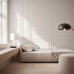 the bed in a white bedroom is next to a desk