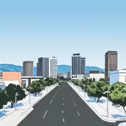 a drawing of an urban area, which includes trees and buildings