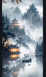 the landscape shows a building on a foggy day