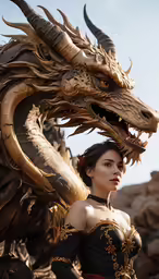 woman in costume near large golden dragon like creature
