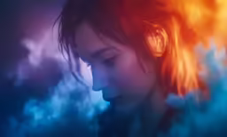 a woman with hair in the air with red smoke