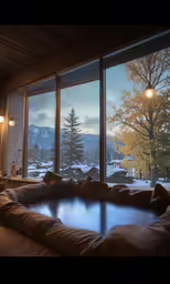 an indoor hot tub by the window overlooking mountains