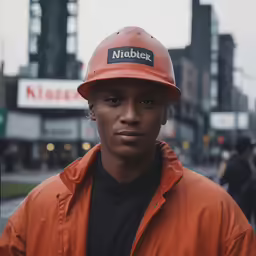 a man wearing an orange jacket and orange hard hat