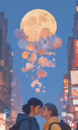 the couple is kissing with a full moon and clouds hovering over them