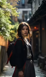 the woman is walking down the street in an alley