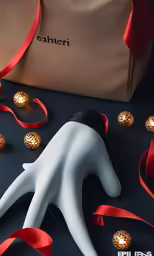a white mannequin with a red ribbon around it, and some golden ball decorations surrounding