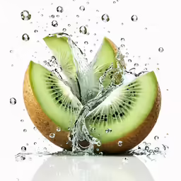 fresh kiwi fruit with water splashes on white background