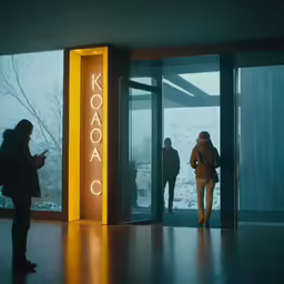 a group of people looking at some glass doors