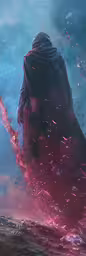 a person standing in the water holding onto a wand,a person with a cloak on standing in the water