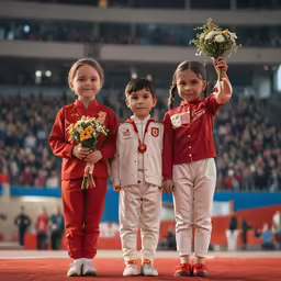 three children are holding up flowers in front of a stadium