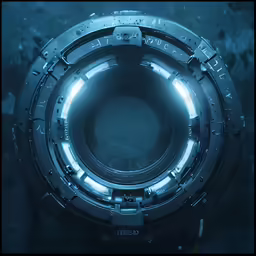 a futuristic ring with bright lights in a dark space