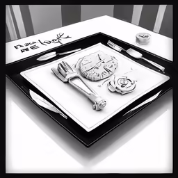 a small black and white tray topped with a watch