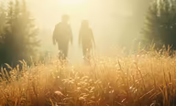 two people walk together through the woods