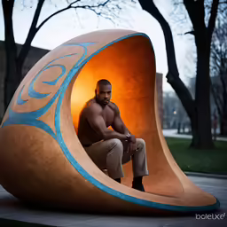 a man sitting on a piece of art that looks like an oval thing