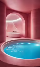 a spa with pink walls and a round swimming pool