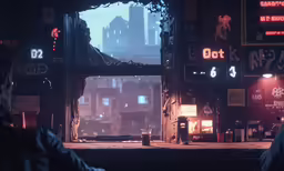 a man looking out a window at a dark city