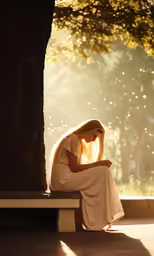 a woman with blond hair sits on a bench and looks at her phone