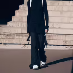 a person walks down a street while wearing a black outfit